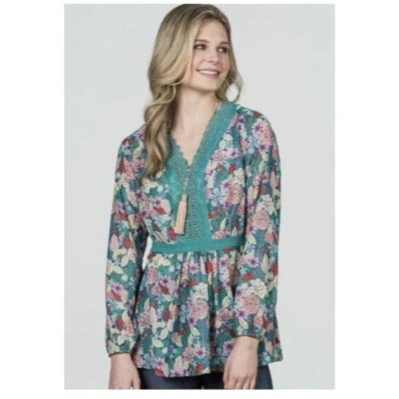 MATILDA JANE Camp MJC Kookaburra Top tunic womens size large floral Swiss dot - Picture 1 of 5